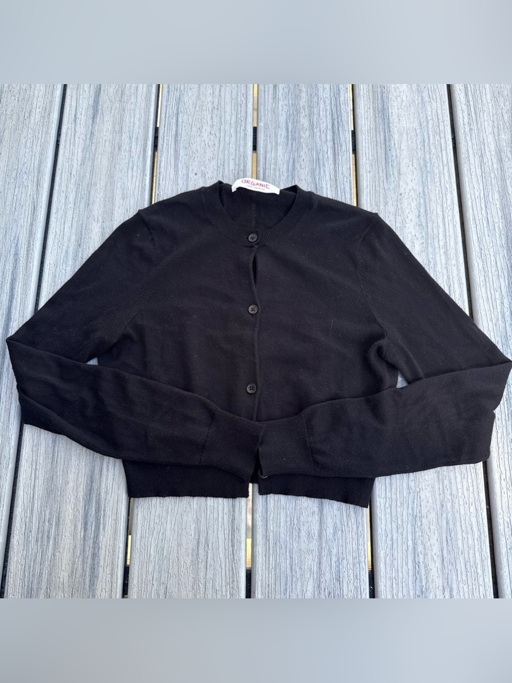 Organic John Patrick Black Crewneck Button-Front Women's Crop Sweater XS